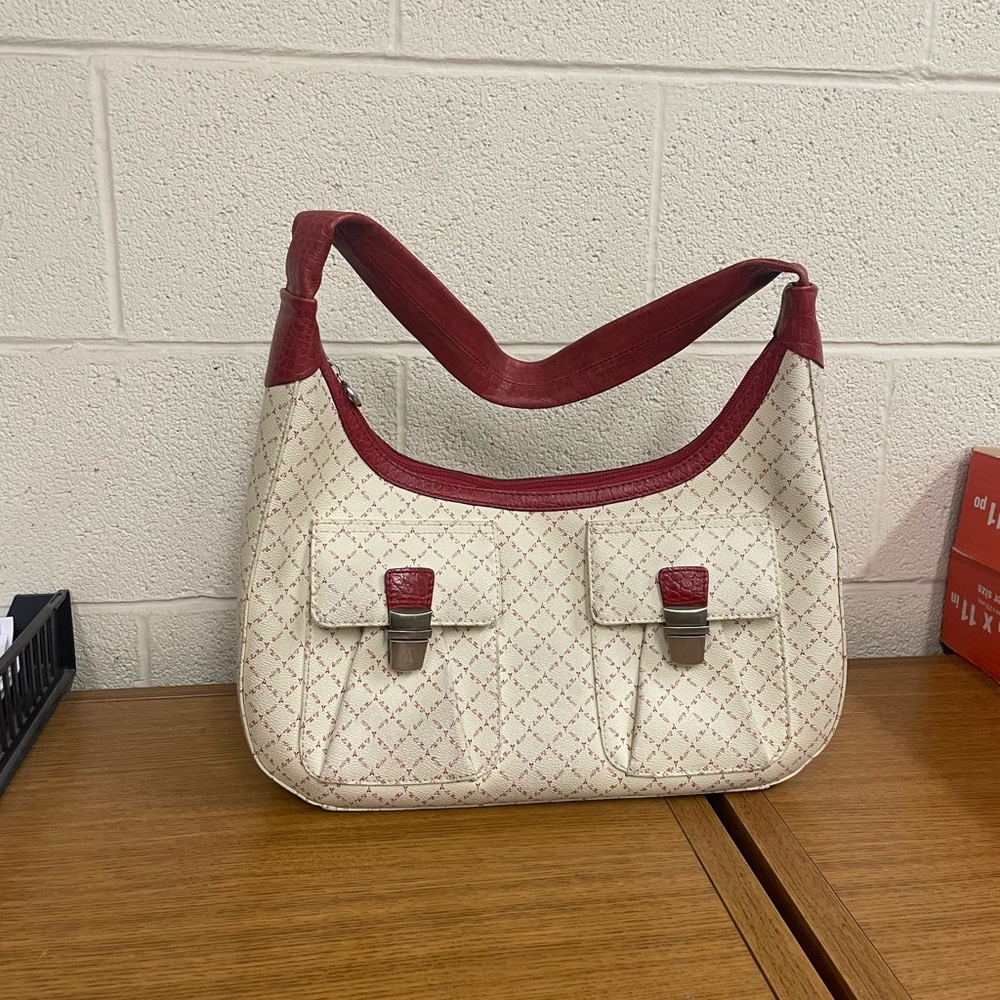 Chic Red and Cream Shoulder Bag with Crescent Shape
